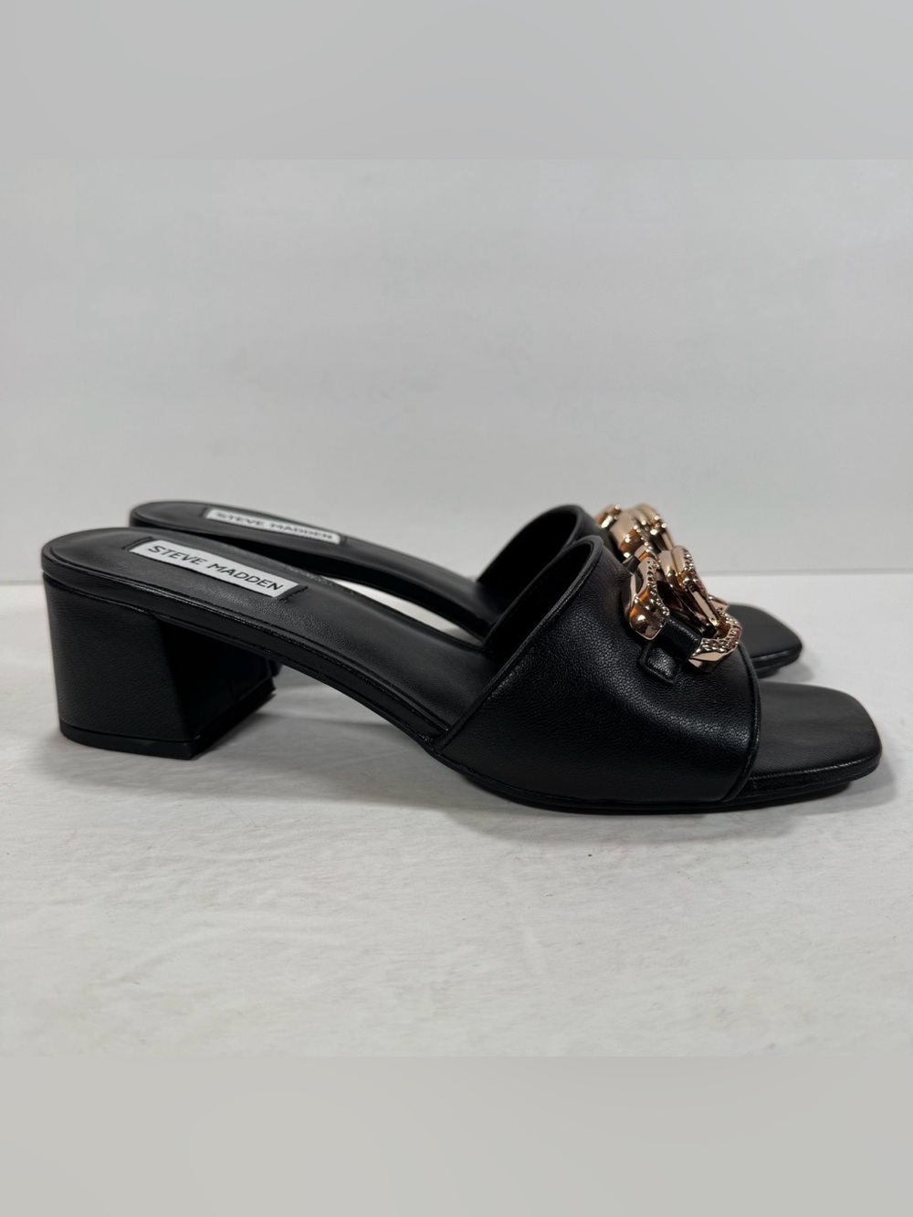 Steve Madden Santana Black Leather Gold Hardware Slide Sandals Women Size 10M - Picture 4 of 11